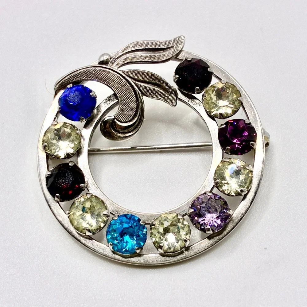 Vintage Circular Brooch in Silver Tone with Colored Rhinestones  1.25 Inch Diam.